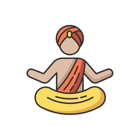 Yogi in turban RGB color icon. Practitioner of yoga. Physical and mental practices. Meditating Indian monk. Man in lotus position. Spiritual discipline. Isolated vector illustrationのイラスト素材