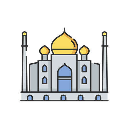 Taj Mahal RGB color icon. White marble mausoleum. Indian culture. Historical monument. Mughal architecture. Cultural heritage. Tourist attraction. Wonder of world. Isolated vector illustrationのイラスト素材