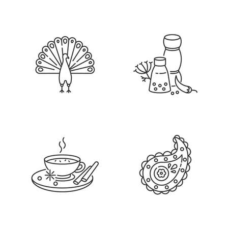 Indian culture pixel perfect linear icons set. Peacock. Masala chai. Paisley pattern. Spices and herbs. Customizable thin line contour symbols. Isolated vector outline illustrations. Editable strokeのイラスト素材