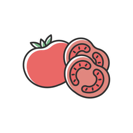 Tomato red RGB color icon. Ketchup sauce recipe. Fresh vegetable and nourishment. Healthy eating, nutrient food with vitamin. Whole ripe veggie. Vegan salad ingredient. Isolated vector illustrationのイラスト素材