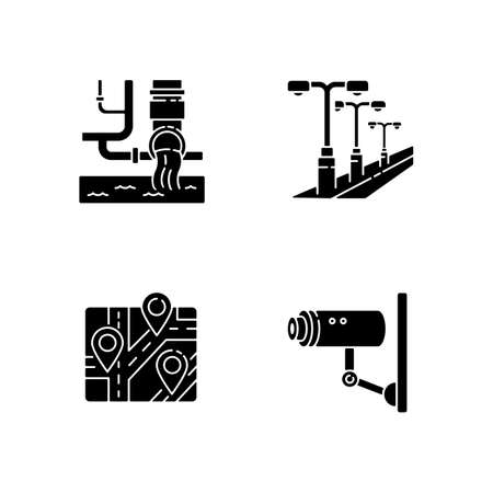 Urban regulation black glyph icons set on white space. Water supply pipeline. Street light. Landmark GPS pointer. Video surveillance. Silhouette symbols. Vector isolated illustrationのイラスト素材