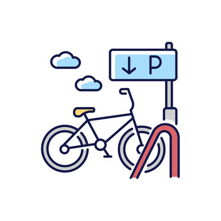 Bicycle parking rack RGB color icon. Ecological urban transportation. Corporate parking lot with road sign. Navigation pointer for bike. City transit means. Isolated vector illustrationのイラスト素材