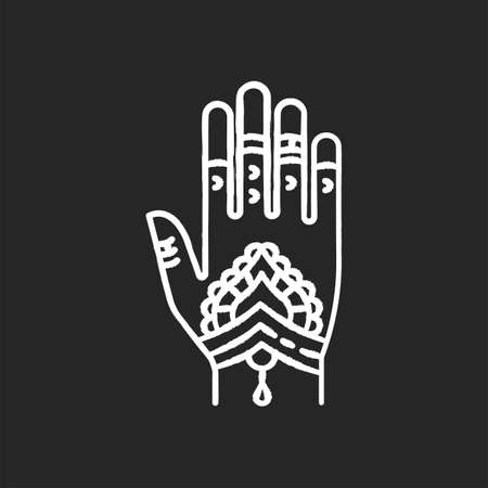 Mehndi chalk white icon on black background. Indian tradition. Body art. Decorative designs on hand. Henna drawings. Tattoo artwork. Asian culture. Bridal ceremony. Isolated vector chalkboardのイラスト素材