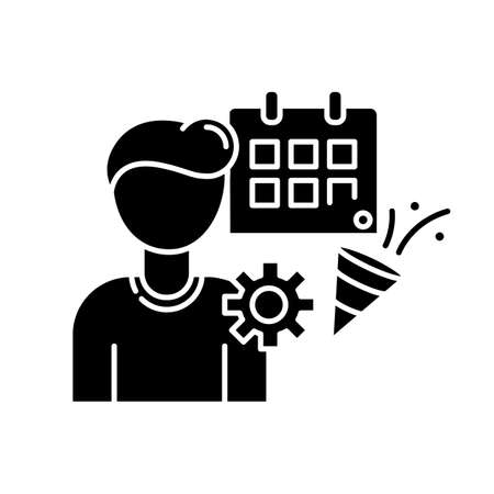 Event manager black glyph icon. Party planning. Preparing for date. Worker organize corporate celebration. Catering service for ceremony. Silhouette symbol on white space. Vector isolated illustrationのイラスト素材