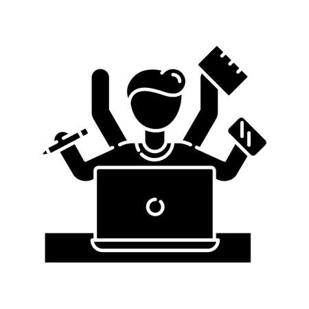 Multitasking black glyph icon. Work overload. Efficiency in management. Productive employee. Job balance. Professional entrepreneur. Silhouette symbol on white space. Vector isolated illustrationのイラスト素材
