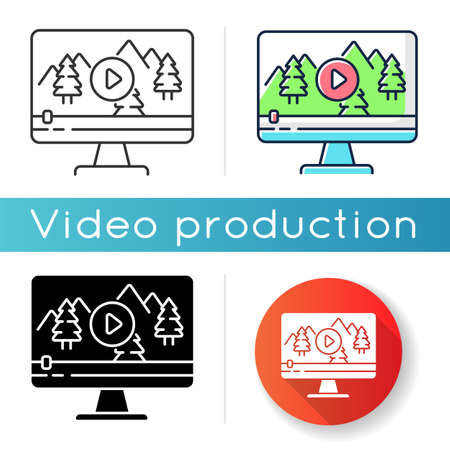 Nature documentary icon. Travel blog video watching. Ecology and tourism non-fictional movie. Wildlife videography. Linear black and RGB color styles. Isolated vector illustrationsのイラスト素材