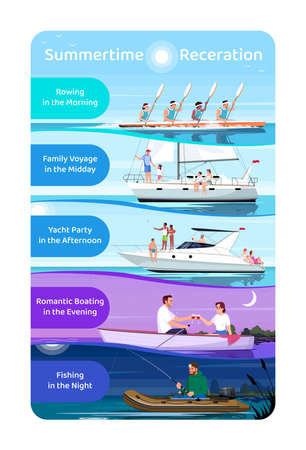 Summertime recreation vector infographic template. Ship sailing UI web banner with flat characters. Relaxation on luxury yacht. Cartoon advertising flyer, leaflet, ppt info poster ideaのイラスト素材