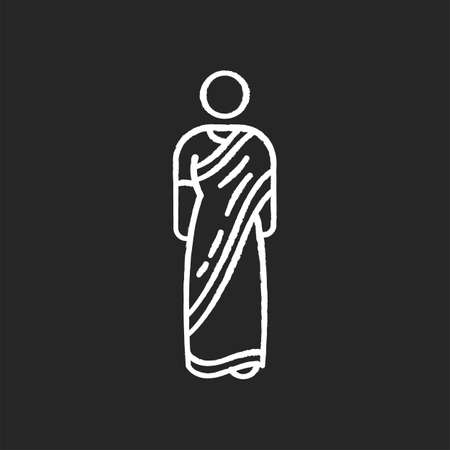 Sari chalk white icon on black background. Traditional Hindu clothing. National Indian clothes. Womens garment. Ethnic attire. Cultural heritage. Asian person. Isolated vector chalkboardのイラスト素材