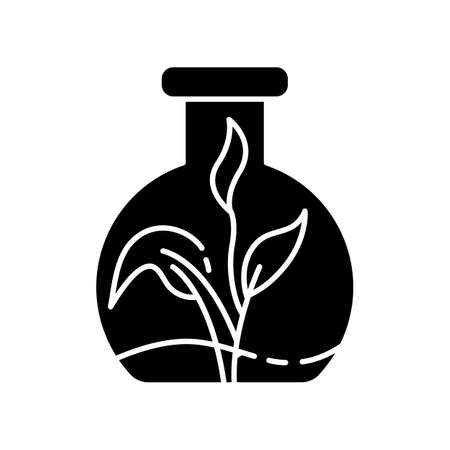 Botany black glyph icon. Branch of natural science, biology. Artificial plant growth, genetically modified organism silhouette symbol on white space. Sprout in lab flask vector isolated illustrationのイラスト素材