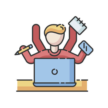 Multitasking RGB color icon. Work overload. Efficiency in management. Productive employee. Job balance. Professional entrepreneur. Corporate leadership. Isolated vector illustrationのイラスト素材