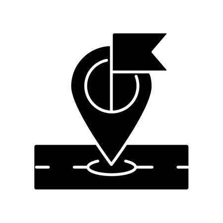 Destination marker black glyph icon. Global positioning and tracking system, navigation technology silhouette symbol on white space. Location pointer, geotag with flag vector isolated illustrationのイラスト素材