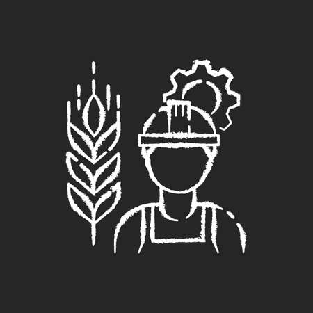 Agricultural engineer chalk white icon on black background. Manufacturing worker to work in agribusiness. Crop cultivation specialist. Farmer worker. Isolated vector chalkboard illustrationのイラスト素材