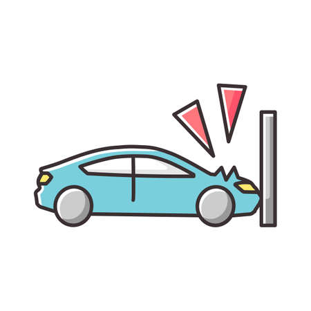 Crash test RGB color icon. Traffic accident, car wreck, life insurance. Vehicle protective systems check. Automobile hitting wall isolated vector illustrationのイラスト素材