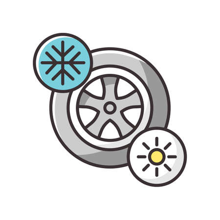 Seasonal tyres RGB color icon. Safety driving rule, automobile maintenance. Changing wheels. Automobile tyres for winter and summer isolated vector illustrationのイラスト素材