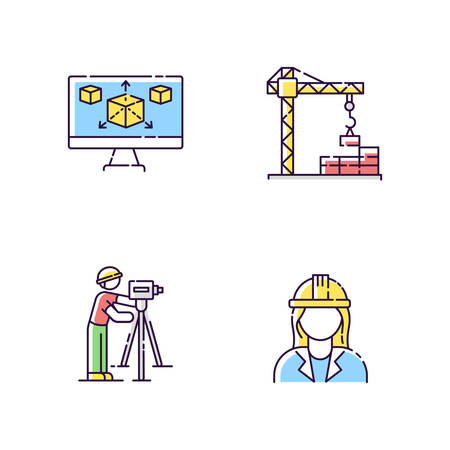 Construction building process RGB color icons set. Three dimensional computer modeling. Professional land surveyor. Female architect. Crane on construction site. Isolated vector illustrationsのイラスト素材