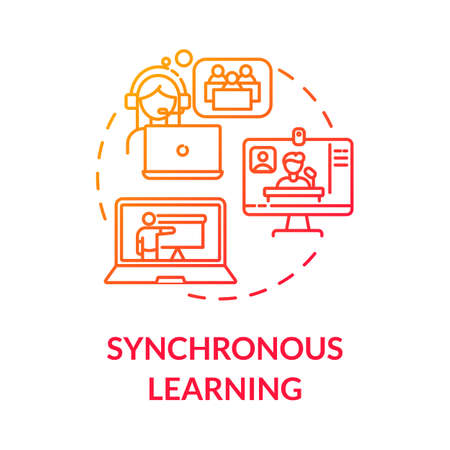 Synchronous learning concept icon. Technologies in education. Hybrid learning. Web conferencing. Distance education idea thin line illustration. Vector isolated outline RGB color drawingのイラスト素材