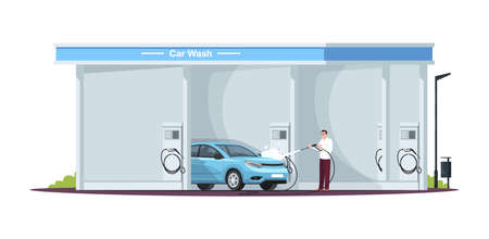 Car wash service semi flat RGB color vector illustration. Carwashing station and attendant. Touchless auto washing. Modern convenience. Isolated cartoon character on white backgroundのイラスト素材