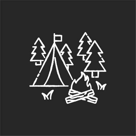 Camping chalk white icon on black background. Nature tourism, outdoor recreation. Inexpensive vacation, overnight stay in forest. Campfire and tent in woods isolated vector chalkboard illustrationのイラスト素材
