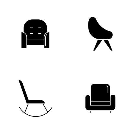 Chair variety black glyph icons set on white space. Comfortable armchair. Living room furnishing. House interior. Rocking chair to rest at home. Silhouette symbols. Vector isolated illustrationのイラスト素材