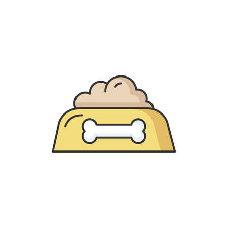 Pet food bowl RGB color icon. Feed dog. Dish for doggy. Nourishment treat for domestic animal. Online petshop. Plate with bone sign for bulldog. Nutrition snack. Isolated vector illustrationのイラスト素材