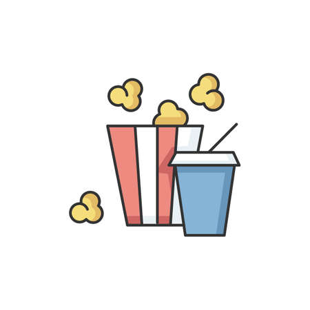 Cinema food RGB color icon. Popcorn and soda. Fast food for movie night. Snack in bag. Film and entertainment. Unhealthy treat to eat in movie theater. Isolated vector illustrationのイラスト素材