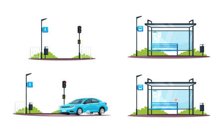 Pedestrian crossing and empty bus stop semi flat RGB color vector illustrations set. Car and traffic light. Public transport sign. Isolated cartoon objects collection on white backgroundのイラスト素材