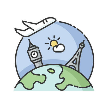 International tourism RGB color icon. Worldwide sightseeing tour, tourist agency service. Visiting worlds famous architectural sites. Isolated vector illustrationのイラスト素材