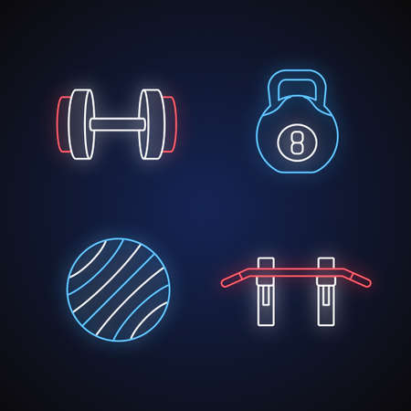 Weight training neon light icons set. Exercise ball, dumbbell, pull up bar and kettlebell signs with outer glowing effect. Gym equipment for fitness. Vector isolated RGB color illustrationsのイラスト素材