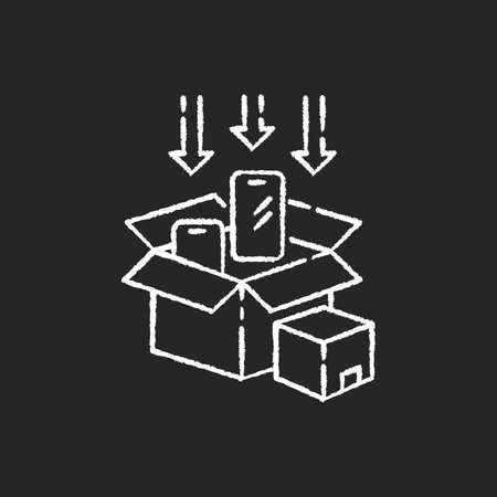 Packaging chalk white icon on black background. Post manufacturing, production packing process. Delivery preparation, parcel packing. Smartphones in boxes isolated vector chalkboard illustrationのイラスト素材