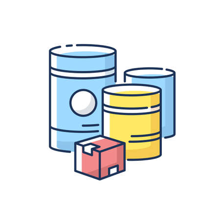 Raw materials RGB color icon. Natural resources, industrial manufacturing. Fuel and minerals storage containers. Box and barrels isolated vector illustrationのイラスト素材