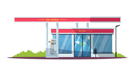 Gas filling station with mini mart semi flat RGB color vector illustration. Diesel, gasoline, gas fuel. Self servicing. Convenience store. Isolated cartoon objects on white backgroundのイラスト素材