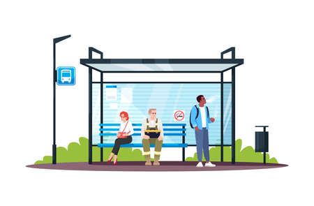 Guy smoking at a no smoking bus stop semi flat RGB color vector illustration. Irritating behaviour in public space. People waiting for transport. Isolated cartoon characters on white backgroundのイラスト素材