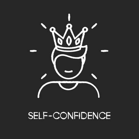 Self confidence chalk white icon on black background. Feeling of overconfidence, narcissism. Arrogant attitude. Self assured, egotistical person in crown isolated vector chalkboard illustrationのイラスト素材