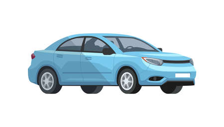 Blue car semi flat RGB color vector illustration. Skyblue beautiful, shiny automobile. Urban means of transport. Vehicle front, side view. Isolated cartoon character on white backgroundのイラスト素材