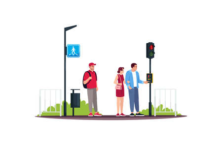People at crosswalk with wait traffic button semi flat RGB color vector illustration. Safety and protection on roads. Pedestrian facilities. Isolated cartoon characters on white backgroundのイラスト素材