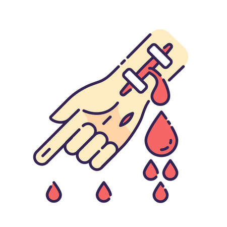Hemophilia RGB color icon. Damaged hand with flow of blood. First aid for emergency. Bleeding arm with cut vein. Medical problem. Health care. Donor in hospital. Isolated vector illustrationのイラスト素材