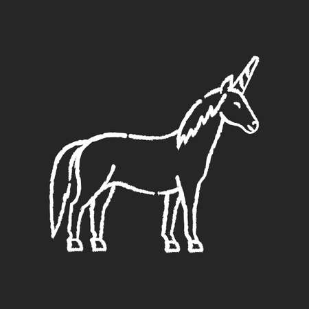 Unicorn chalk white icon on black background. Mythical creature, fairy tale animal mascot. Childish fantasy animal, kids fable. Magical horse with horn isolated vector chalkboard illustrationのイラスト素材