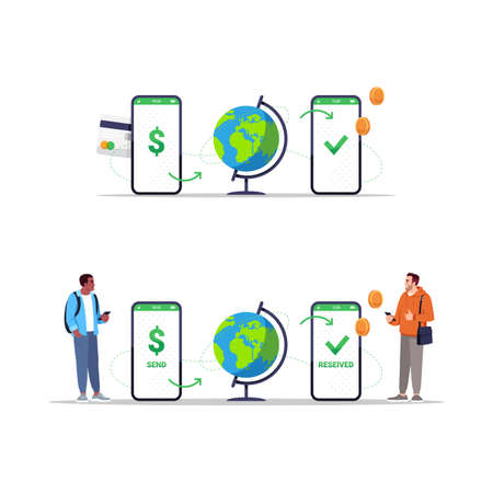 International money transaction semi flat RGB color vector illustration set. Transfer cash with phone app. Global financial network isolated cartoon concepts on white background collectionのイラスト素材