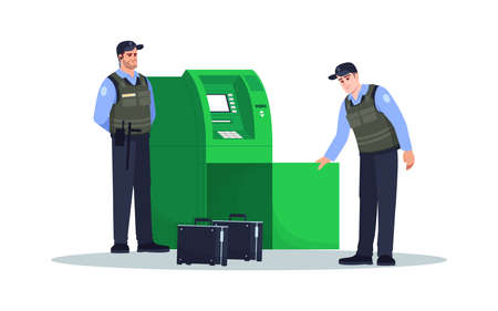 ATM refill semi flat RGB color vector illustration. Guards load money intro terminal. Financial operation. Professional carrier service. Patrol isolated cartoon characters on white backgroundのイラスト素材