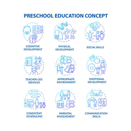 Kids preschool education concept icons set. Childcare center. Parenting and toddlers development. Early childhood idea thin line RGB color illustrations. Vector isolated outline drawingsのイラスト素材