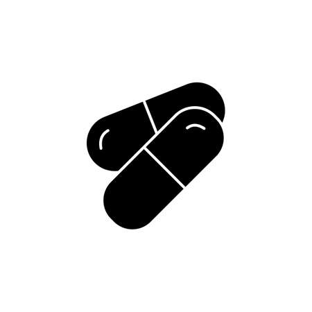 Pills black glyph icon. Pharmaceutical product. Vitamin for personal health care. Capsules with aspirin. Medication to cure illness. Silhouette symbol on white space. Vector isolated illustrationのイラスト素材