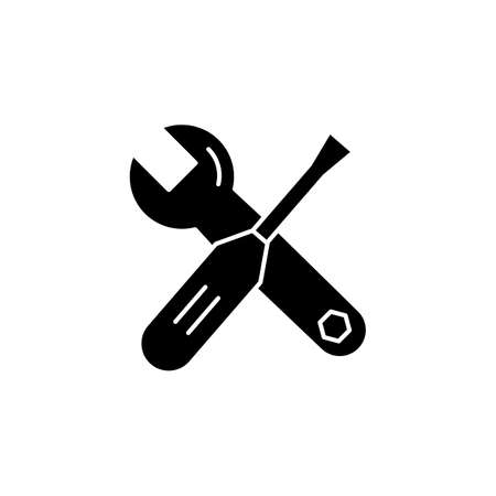 Tools black glyph icon. Wrench and screwdriver for handyman. Work with toolkit. Instrument for mechanic service. Repair service. Silhouette symbol on white space. Vector isolated illustrationのイラスト素材