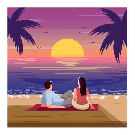 Romantic sunset semi flat vector illustration. Tropical beach. Woman and man watch waves. Palm trees on seascape. Couple on date in evening 2D cartoon characters for commercial useのイラスト素材