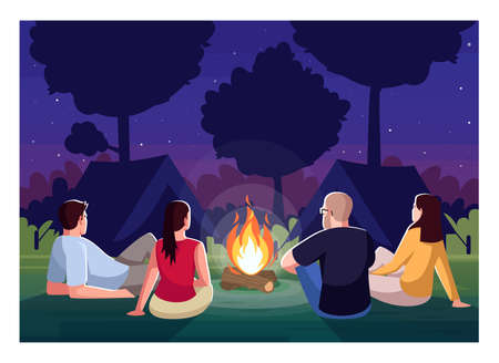 Camping at night semi flat vector illustration. People sit near campfire in evening. Bonfire in forest. Campground for group. Friends on recreation in woods 2D cartoon characters for commercial useのイラスト素材