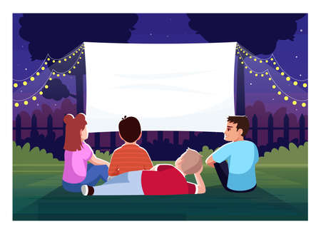 Backyard cinema for kids semi flat vector illustration. Teenagers watch film together. Large blank screen for movie night. Children outside 2D cartoon characters for commercial useのイラスト素材