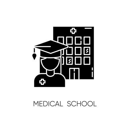Medical school black glyph icon. Vocational education, professional university silhouette symbol on white space. Doctor, nurse training courses. Medical academy graduate vector isolated illustrationのイラスト素材