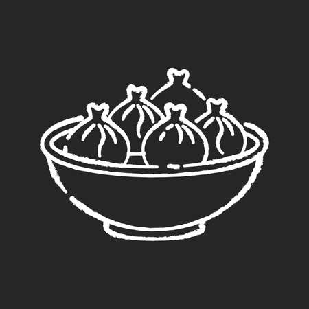 Khinkali chalk white icon on black background. Georgian meal recipe. Chinese dumpling. Oriental dish. National culinary, traditional cuisine. Cookery recipe. Isolated vector chalkboard illustrationのイラスト素材