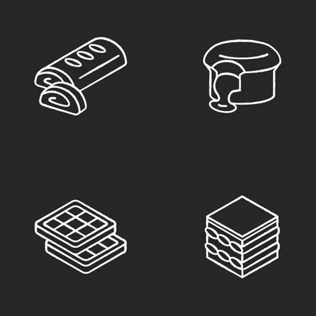 European desserts chalk white icons set on black background. Austrian apple strudel. Chocolate lava cake. Brussels, Belgian waffles. Classic Tiramisu. Isolated vector chalkboard illustrationsのイラスト素材
