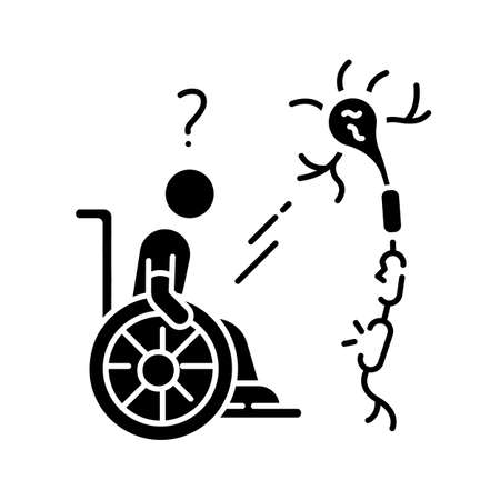 Multiple sclerosis black glyph icon. Handicapped man in wheelchair. Neurology problem. Trauma treatment. Patient with spine injury. Silhouette symbol on white space. Vector isolated illustrationのイラスト素材