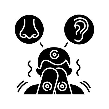 Sensory sensitivity black glyph icon. Trigger for perception. Physical response to smell, noise. Irritated person with mental disorder. Silhouette symbol on white space. Vector isolated illustrationのイラスト素材